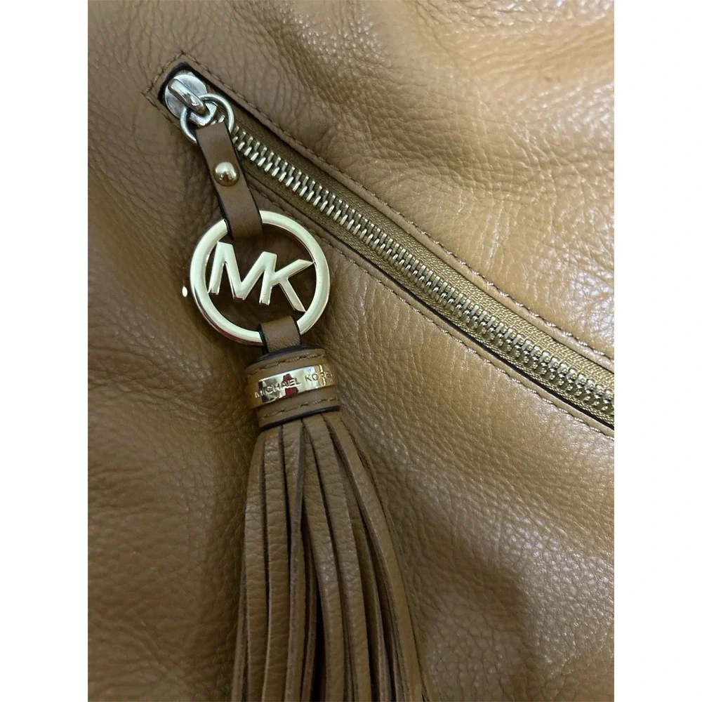 Michael Kors Tan Pebbled Leather Shoulder Hobo Bag Large Purse Tassel